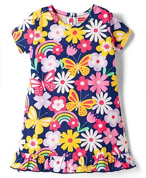 Babyhug Cotton Knit Half Sleeves Nighty with Floral Print - Multicolor