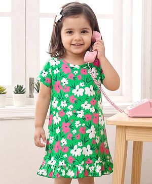 Babyhug Cotton Knit Half Sleeves Floral Printed A Line Nighty - Green