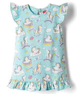 Babyhug Cotton Knit Frill Sleeves Nighty with Unicorn Print - Sky Blue