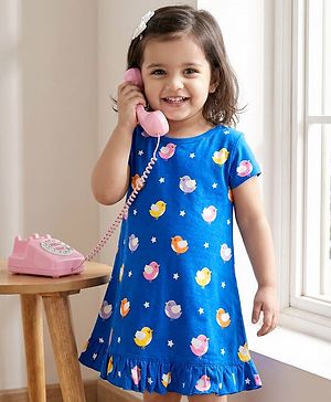Babyhug Cotton Knit Half Sleeves Bird Printed Nighty - Blue
