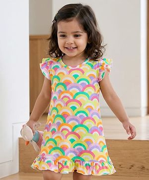 Babyhug Cotton Knit Frill Sleeves Nighty with Rainbow Print - Yellow