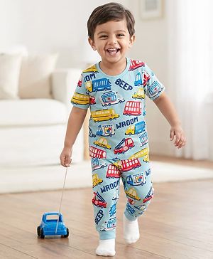 Babyhug Cotton Knit Half Sleeves T-Shirt & Pyjama Co-ord Night Suit With Vehicle Print - Light Blue