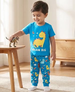 Babyhug Cotton Knit Half Sleeves T-Shirt & Pyjama Night Suit With Dino Print - Blue