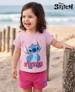 Babyhug Disney Single Jersey Knit Half Sleeves T-Shirt & Shorts Set With Lilo & Stitch Graphics - Multicolor