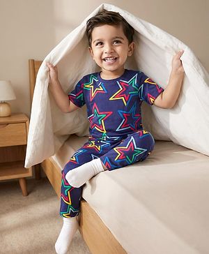 Babyhug Cotton Knit Half Sleeves T-Shirt & Pyjama Co-ord Night Suit With Star Print - Navy Blue