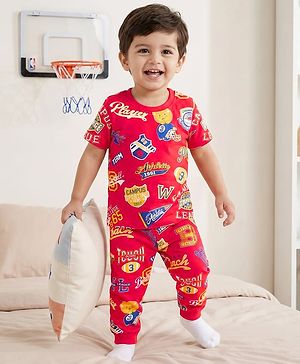 Babyhug Cotton Knit Half Sleeves T-Shirt & Pyjama Co-ord Night Suit With Text Print - Red