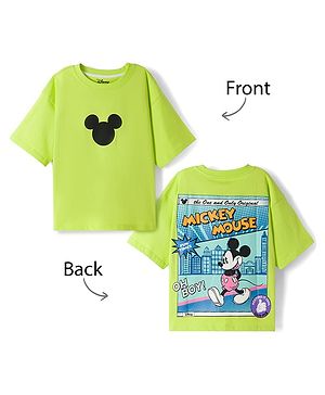 Pine Kids Disney Cotton Knit Drop Shoulder Half Sleeves T-Shirt with Front & Back Mickey Mouse Print - Green