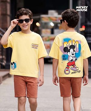 Pine Kids Disney Single Jersey Knit Drop Shoulder Half Sleeves T-Shirt with Mickey Mouse Front & Back Print - Yellow