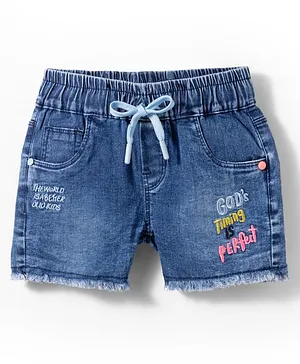 Olio Kids
                              Woven Above Knee Length Denim Shorts with
                              Text Embroidery - Blue