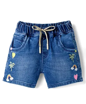 Olio Kids
                              Denim Woven Above Knee Length Shorts with
                              Tropical Theme Embroidery - Blue