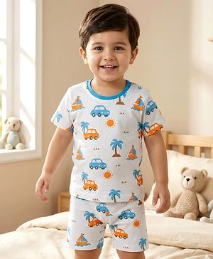 Babyhug Cotton Knit Half Sleeves T-Shirt & Shorts Co-ord Night Suit With Beach Theme Print - White