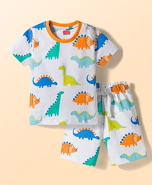 Babyhug Cotton Knit Half Sleeves Vehicles Printed Co-Ords T-Shirt & Shorts Night Suit - White