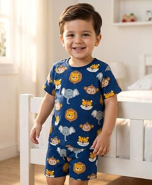 Babyhug Cotton Knit Half Sleeves Animal Printed Co-Ords T-Shirt & Shorts Night Suit - Navy Blue