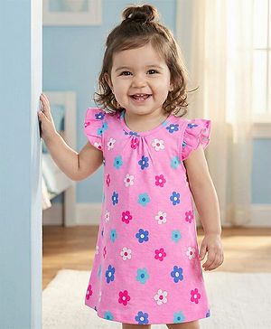 Babyhug Cotton Knit Half Sleeves Nighty With Floral Print - Pink