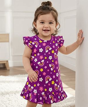 Babyhug Cotton Knit Half Sleeves Nighty With Floral & Rainbow Print - Purple