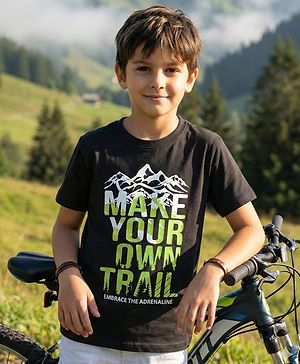 Pine Kids Cotton Knit Half Sleeves T-Shirt with Text Print - Black