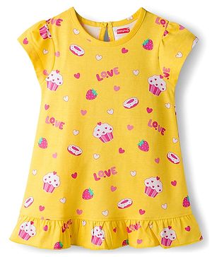 Babyhug Cotton Knit Half Sleeves Nighty With Heart & Cupcake Print - Yellow