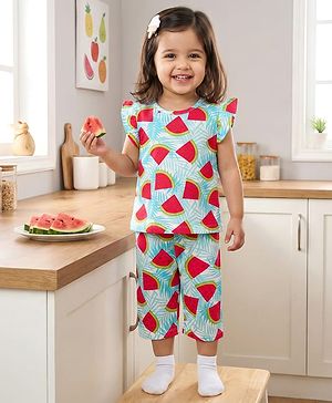 Babyhug Cotton Knit Half Sleeves T-Shirt & Capri Co-ord Night Suit With Watermelon Print - Light Blue