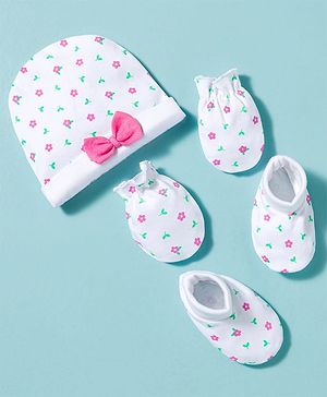 Babyhug 100% Cotton Knit Cap Mittens & Booties With Floral Print Multicolor - Diameter 10 cm