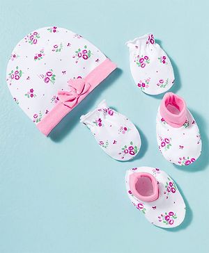 Babyhug 100% Cotton Knit Cap Mittens & Booties With Floral Print Multicolor - Diameter 9.5 cm