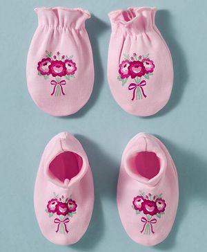 Babyhug 100% Cotton Knit Floral Printed Mittens & Booties Set - Pink