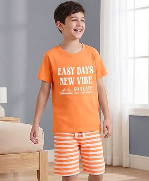 Pine Kids Cotton Knit Half Sleeves Text Printed T-Shirt & Striped Shorts Night Suit - Orange