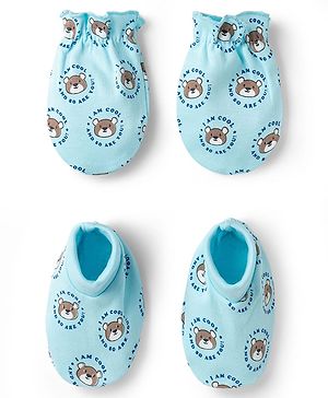 Babyhug 100% Cotton Knit Mittens & Booties with Teddy Print - Multicolor