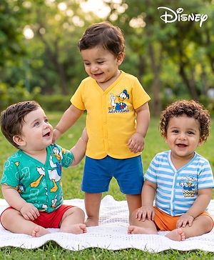 Babyhug Disney 100% Cotton Knit Half Sleeves Jhablas With Donald Duck Graphics Pack of 3 - Multicolour