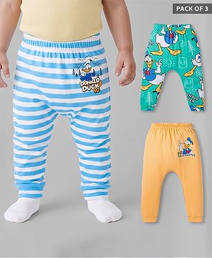 Babyhug Disney Interlock Knit Full Length Diaper Leggings with Donald Duck Graphic & Stripes Pack of 3 - Multicolor