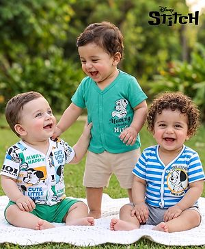 Babyhug Disney Interlock Knit Half Sleeves 101 Dalmatians Printed Front Open Jhablas Pack of 3 - White, Blue & Green