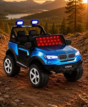 Babyhug Battery Operated Ride on Jeep with Music & LED Lights - Blue| Rechargeable Battery|Openable Doors| AUX|Remote Control|Easy to Assemble| Forward & Reverse| Magic Swing Movement