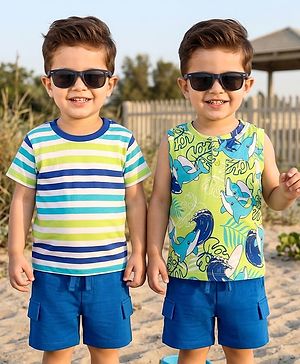 Babyhug Single Jersey Knit Half Sleeves Striped T-Shirt & Shorts Set with Tee & Jungle Theme Print - Blue