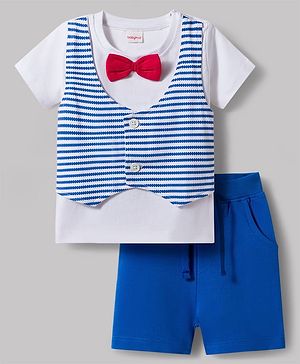 Babyhug Single Jersey Knit Half Sleeves Striped T-Shirt & Shorts Set with Bow Applique - Blue
