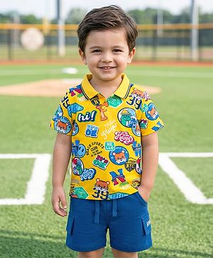 Babyhug Single Jersey Knit Half Sleeves Polo T-Shirt & Shorts Set with Text Print - Blue