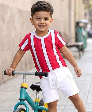 Babyhug Single Jersey Knit Half Sleeves Striped T-Shirt & Shorts Set - Red & White