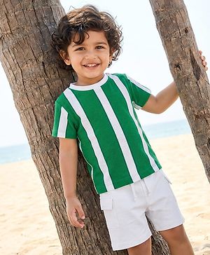 Babyhug 100% Cotton Knit Half Sleeves Striped T-Shirt & Shorts Set - Green