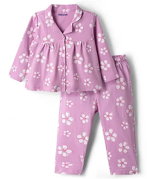 Babyoye 100% Cotton Knit Full Sleeves
                              Floral Printed Co-Ords Top & Pyjama
                              Night Suit - Lavender