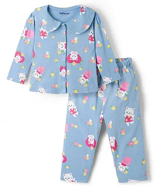 Babyoye Single Jersey Knit Full
                              Sleeves Peter Pan Collared Shirt &
                              Pyjama Co-Ord Night Suit With Kitten &
                              Floral Print - Light Blue