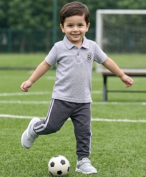 Babyhug Single Jersey Knit Half Sleeves Polo T-Shirt & Lounge Pant Set with Daddy's Champ Embroidery - Grey
