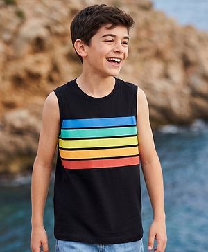 Pine Kids Cotton Knit T-Shirt Sleeveless Round Neck Striped Black 4-5 Years
