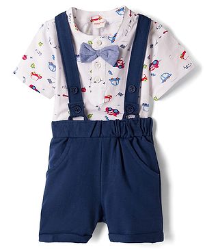 Babyhug 100% Cotton Knit Half Sleeves Vehicles Printed T-Shirt & Shorts Set With Suspender & Bow Applique - White & Navy Blue
