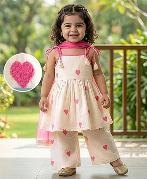 EARTHY TOUCH Cotton Flax Woven Sleeveless Kurta & Salwar Set With Heart Embroidery & Dupatta - Off White