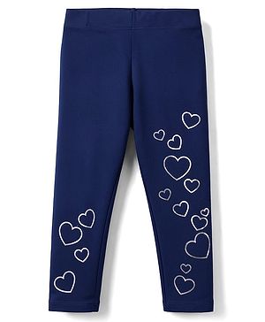 Babyhug Lycra Knit Full Length Hearts Foil Printed Leggings - Navy Blue