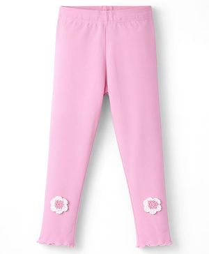 Babyhug Lycra Knit Full Length Leggings With Floral Crochet - Pink