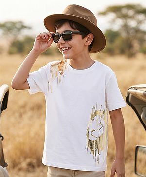 Pine Kids 100% Cotton Knit Half Sleeves Foil Printed T-Shirt - White