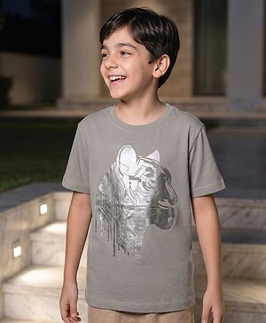 Pine Kids Cotton Knit Half Sleeves Tiger Foil Graphic T-Shirt -Grey