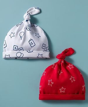 Babyhug 100% Cotton Knit Caps with Star Print Pack of 2 Red & White - Diameter 30 cm
