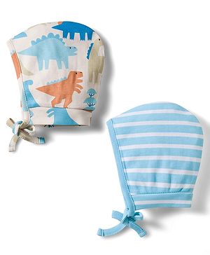 Babyhug 100% Cotton Knit Caps with Dino Print & Stripes Pack of 2 Multicolor - Diameter 22 cm