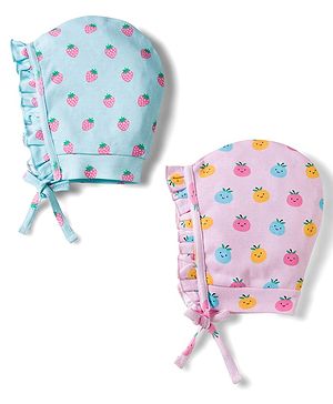 Babyhug 100% Cotton Knit Caps with Fruit Print Pack of 2 Multicolor - Diameter 18 cm