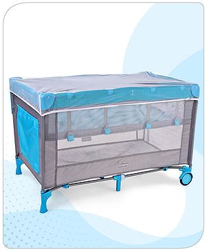 Babyhug Keep Me Close 2 in 1 Playpen Cum Baby Cot With Mosquito Net  - Blue Grey (Assembly Video Available)